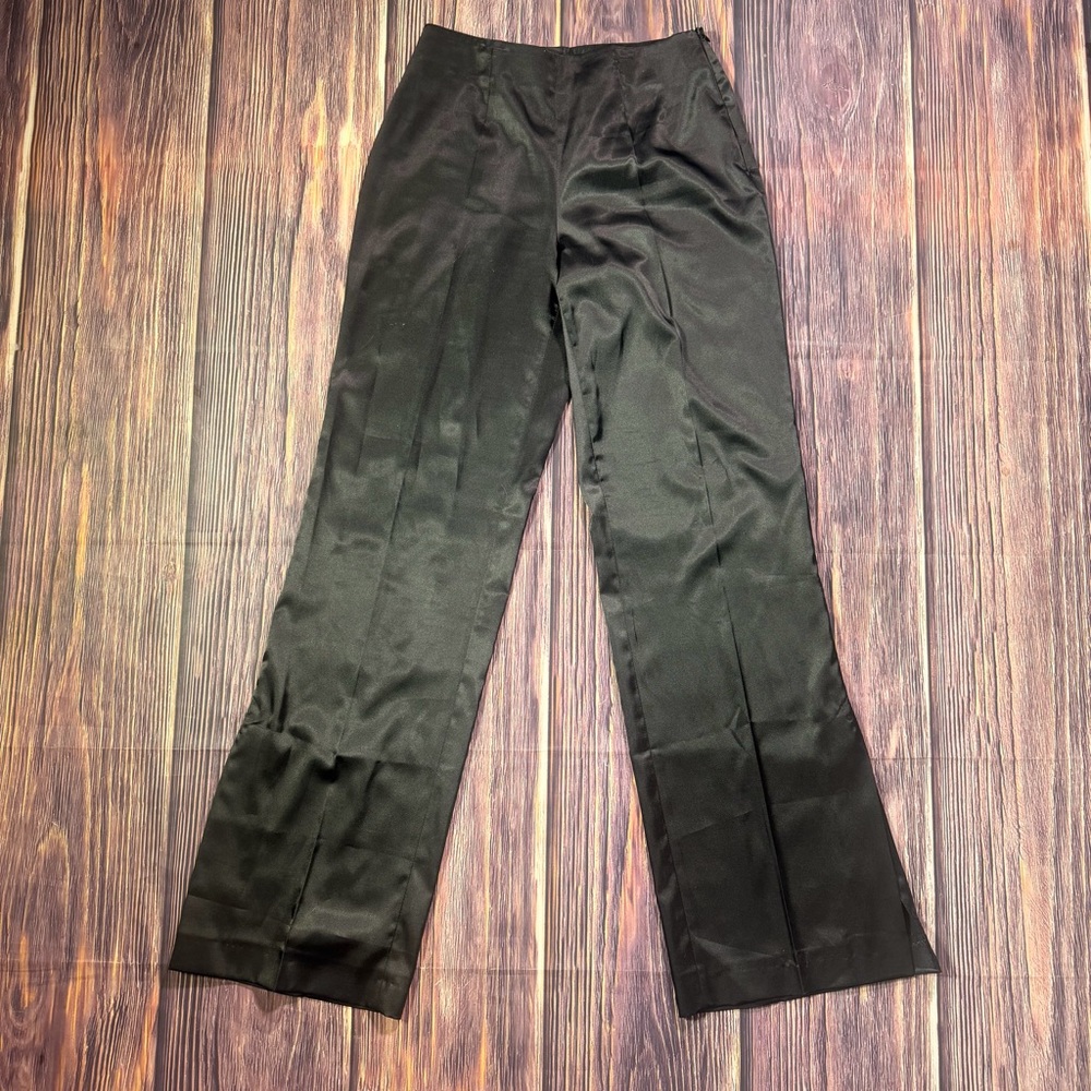 Women’s Wide Leg High Waisted Black Satin‎ Dress Pants w/ Split Hem Side Slits